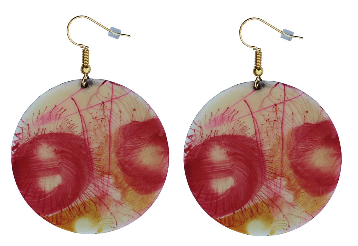 2.5” Round Brass Hook Earrings with Pink Blossoming Pattern - Drop Earrings / Accessories for Her - Buy in Bulk Wholesale
